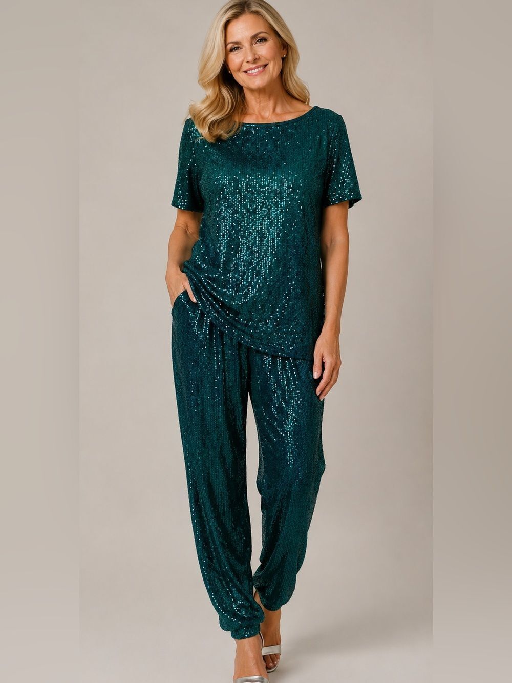 Belle by Kim Gavel Two Piece Set Top Pants Green Sequin QVC Size XS